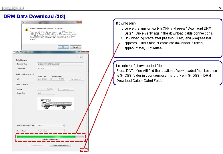 45 DRM Data Download (3/3) Downloading 1. Leave the ignition switch OFF and press