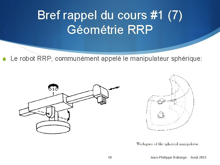 Bref rappel du cours #1 (7) Géométrie RRP S Le robot RRP, communément appelé