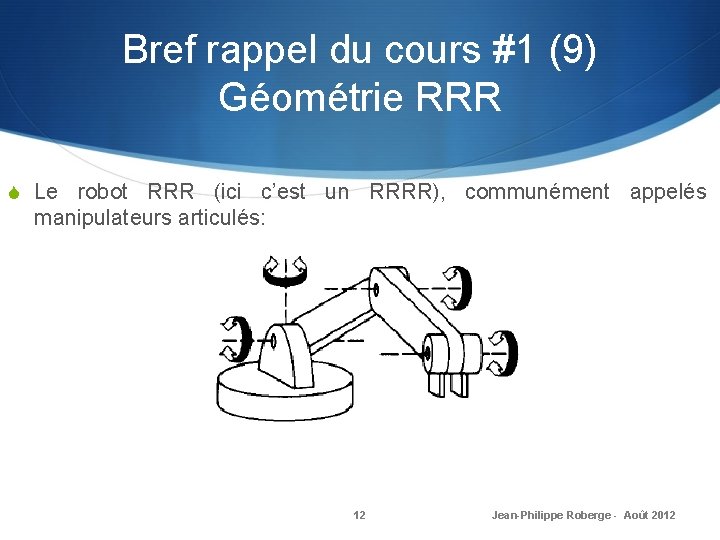 Bref rappel du cours #1 (9) Géométrie RRR S Le robot RRR (ici c’est