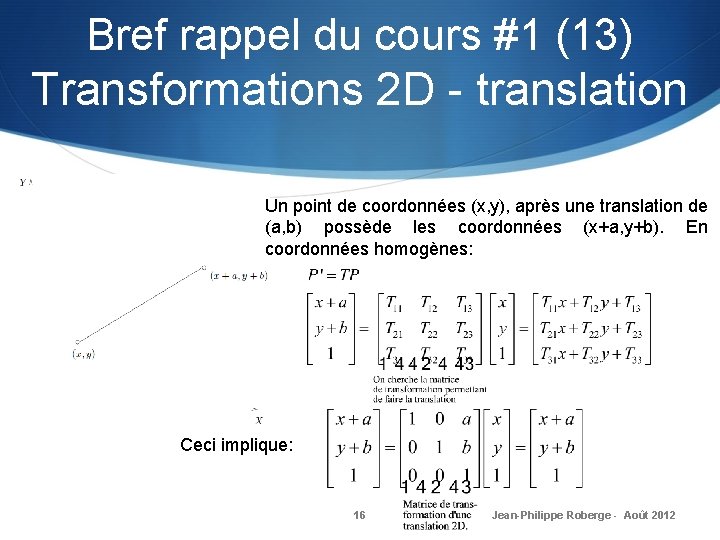 Bref rappel du cours #1 (13) Transformations 2 D - translation Un point de