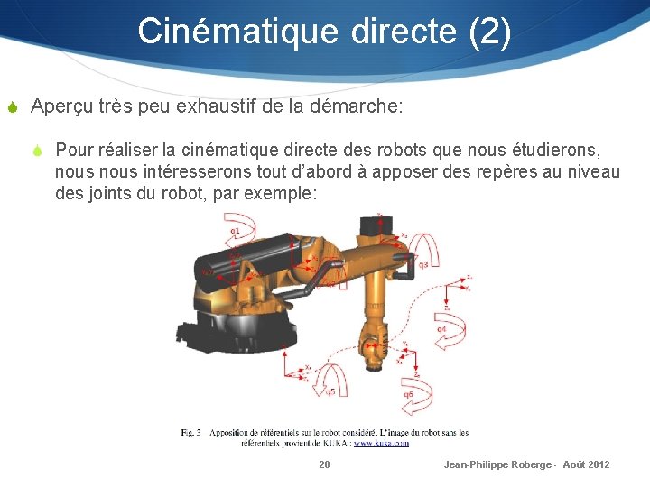 Cinématique directe (2) S Aperçu très peu exhaustif de la démarche: S Pour réaliser