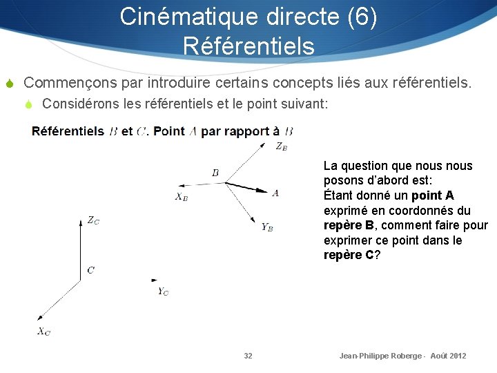 Cinématique directe (6) Référentiels S Commençons par introduire certains concepts liés aux référentiels. S