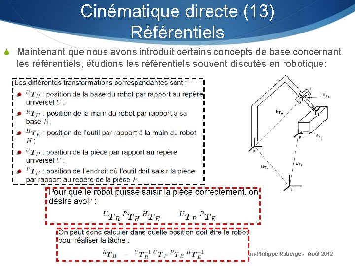 Cinématique directe (13) Référentiels S Maintenant que nous avons introduit certains concepts de base