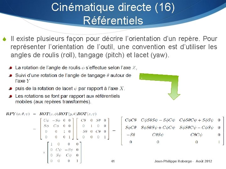 Cinématique directe (16) Référentiels S Il existe plusieurs façon pour décrire l’orientation d’un repère. Cinématique directe (16) Référentiels S Il existe plusieurs façon pour décrire l’orientation d’un repère.