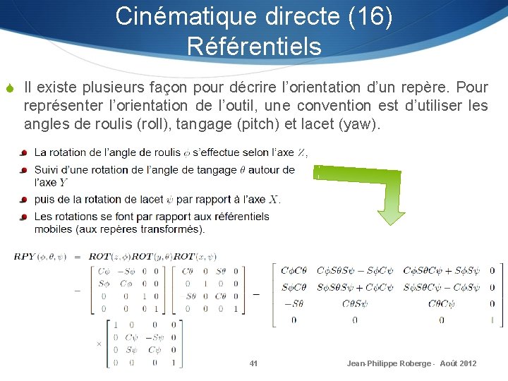 Cinématique directe (16) Référentiels S Il existe plusieurs façon pour décrire l’orientation d’un repère.