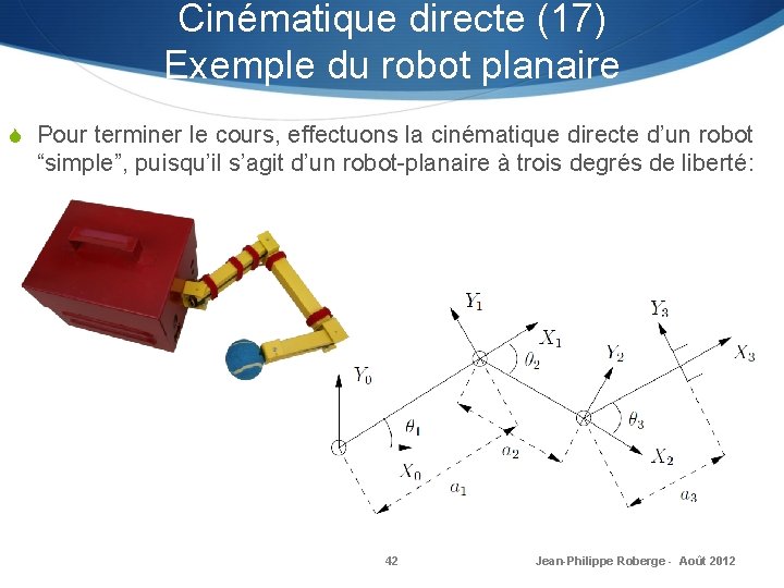 Cinématique directe (17) Exemple du robot planaire S Pour terminer le cours, effectuons la