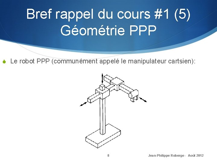 Bref rappel du cours #1 (5) Géométrie PPP S Le robot PPP (communément appelé