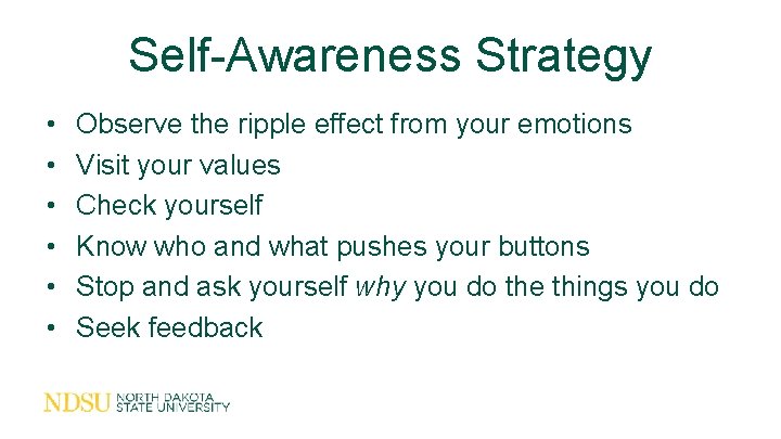Self-Awareness Strategy • • • Observe the ripple effect from your emotions Visit your
