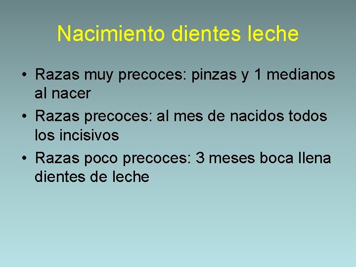 Nacimiento dientes leche • Razas muy precoces: pinzas y 1 medianos al nacer •