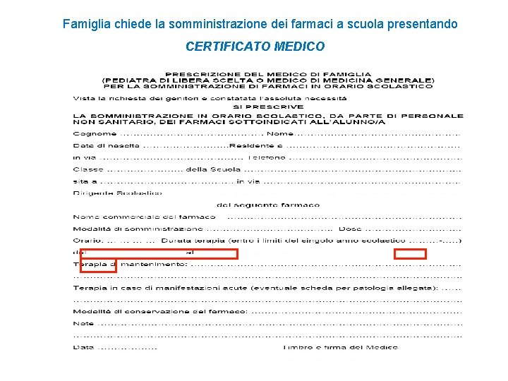 Famiglia chiede la somministrazione dei farmaci a scuola presentando CERTIFICATO MEDICO 