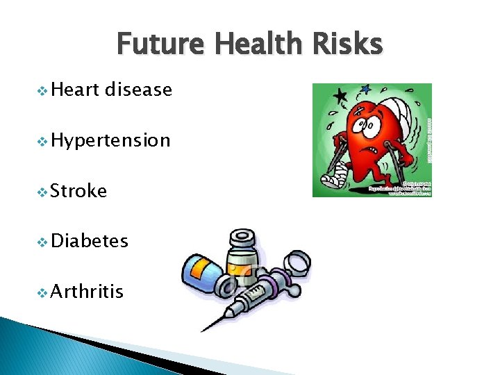 Future Health Risks v Heart disease v Hypertension v Stroke v Diabetes v Arthritis