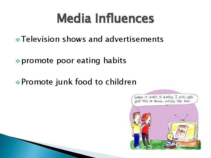 Media Influences v Television shows and advertisements v promote poor eating habits v Promote