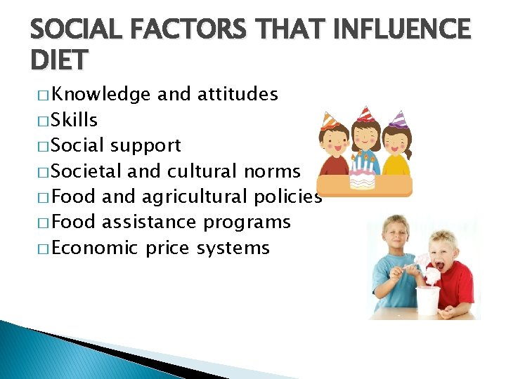 SOCIAL FACTORS THAT INFLUENCE DIET � Knowledge � Skills � Social and attitudes support