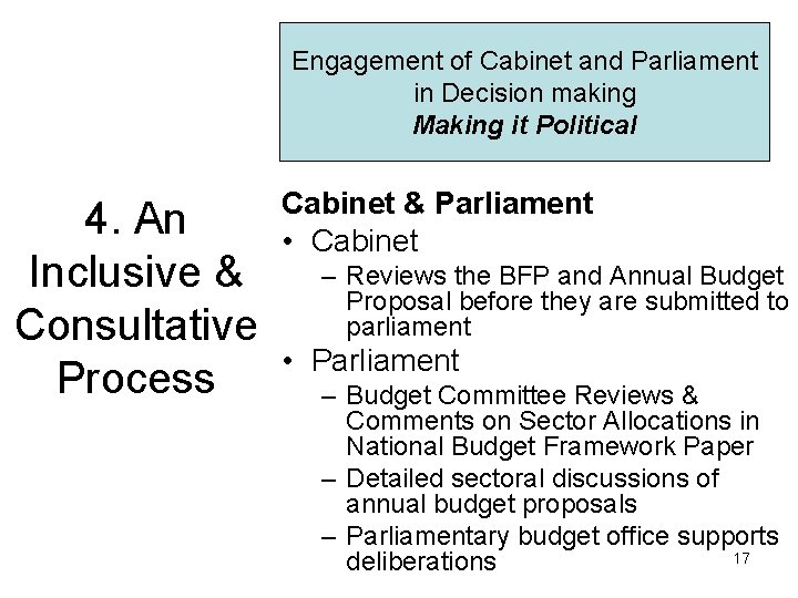 Engagement of Cabinet and Parliament in Decision making Making it Political 4. An Inclusive