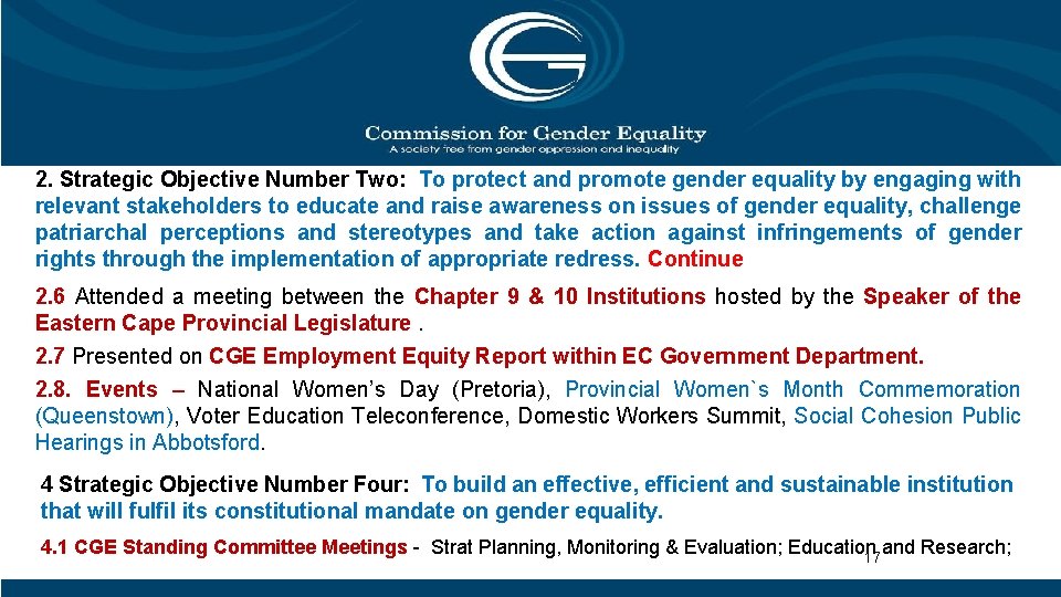 2. Strategic Objective Number Two: To protect and promote gender equality by engaging with