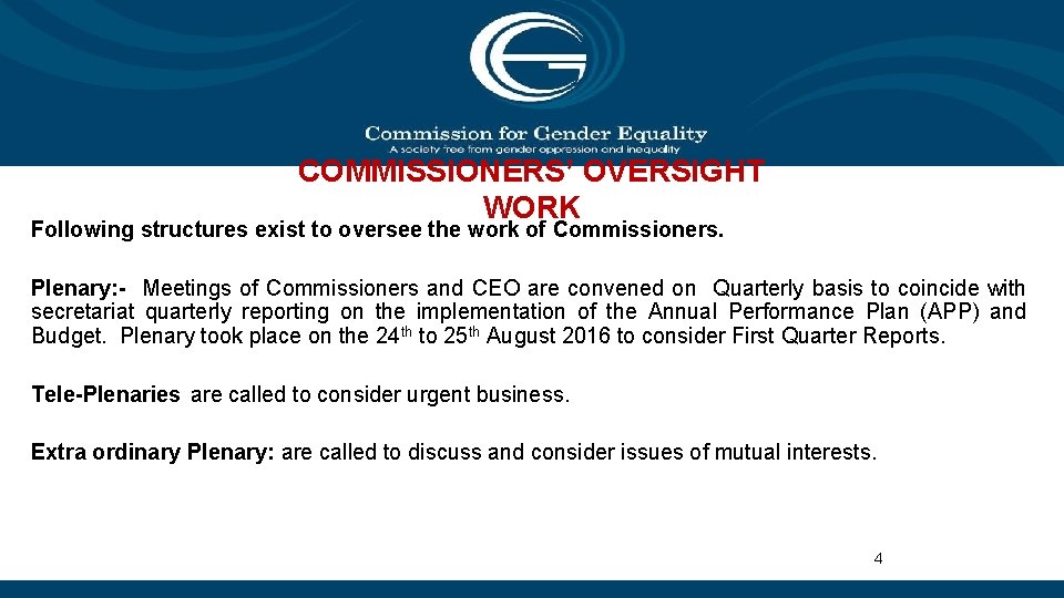 COMMISSIONERS’ OVERSIGHT WORK Following structures exist to oversee the work of Commissioners. Plenary: -