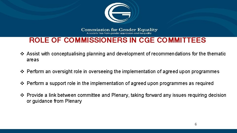 ROLE OF COMMISSIONERS IN CGE COMMITTEES v Assist with conceptualising planning and development of