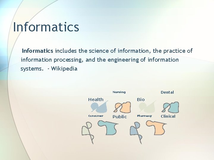 Informatics includes the science of information, the practice of information processing, and the engineering