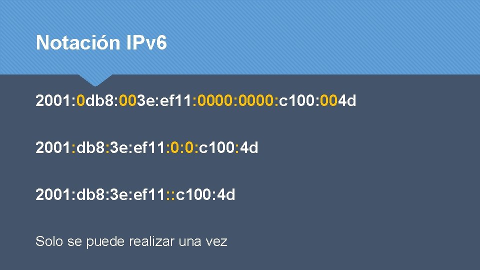 Notación IPv 6 2001: 0 db 8: 003 e: ef 11: 0000: c 100:
