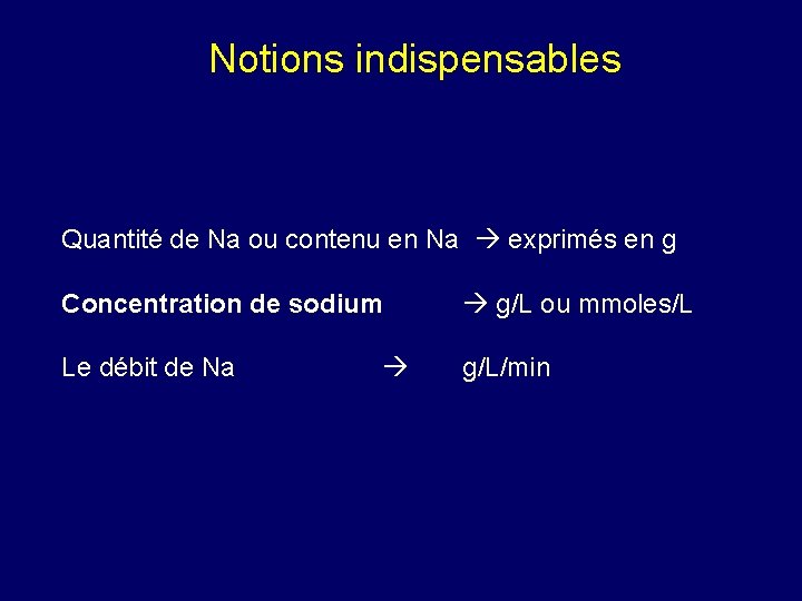 Notions indispensables Quantité de Na ou contenu en Na exprimés en g Concentration de