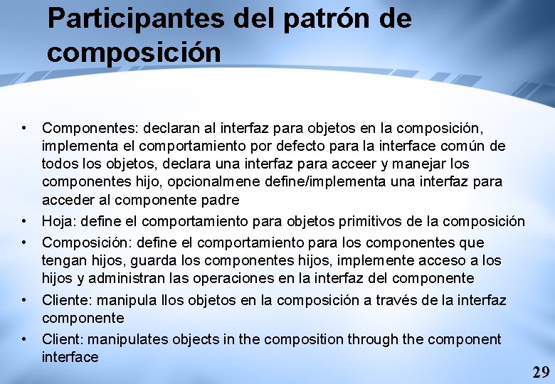 Participantes del patrón de composición • Componentes: declaran al interfaz para objetos en la