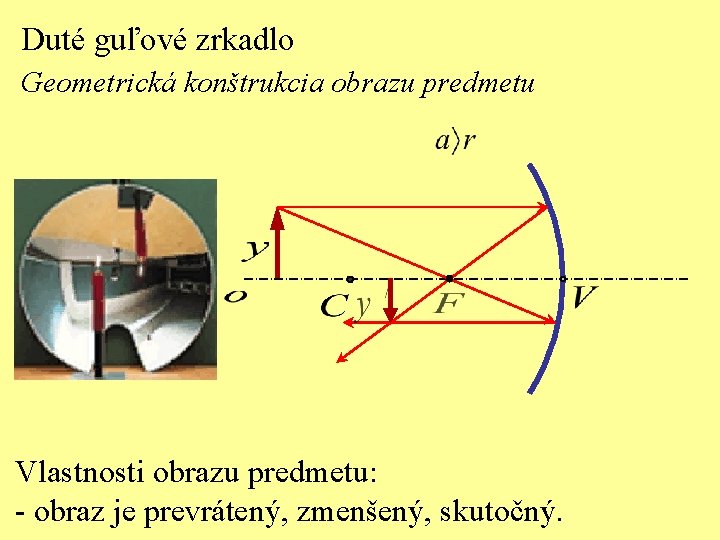 Duté guľové zrkadlo Geometrická konštrukcia obrazu predmetu Vlastnosti obrazu predmetu: - obraz je prevrátený,