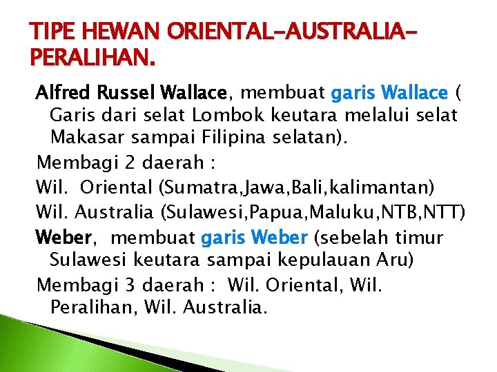 TIPE HEWAN ORIENTAL-AUSTRALIAPERALIHAN. Alfred Russel Wallace, membuat garis Wallace ( Garis dari selat Lombok