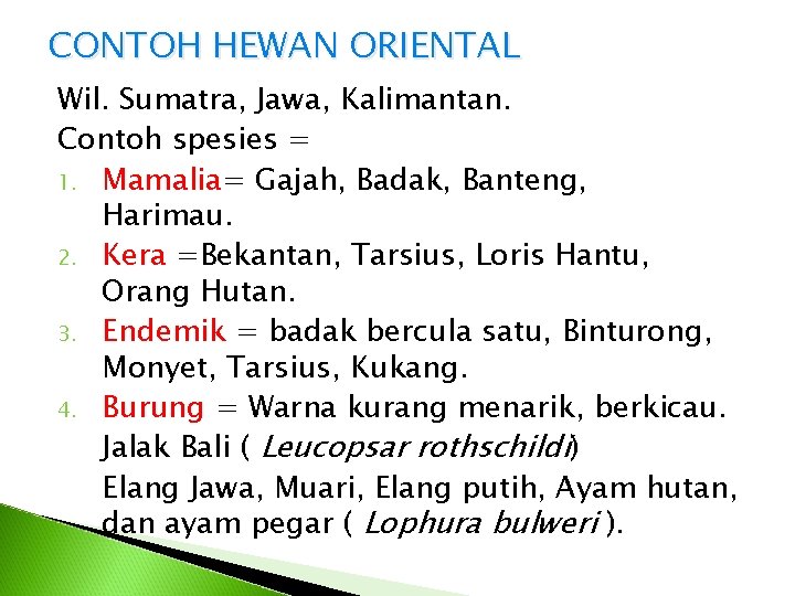 CONTOH HEWAN ORIENTAL Wil. Sumatra, Jawa, Kalimantan. Contoh spesies = 1. Mamalia= Gajah, Badak,