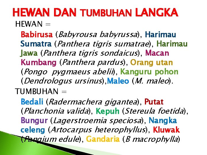 HEWAN DAN TUMBUHAN LANGKA HEWAN = Babirusa (Babyrousa babyrussa), Harimau Sumatra (Panthera tigris sumatrae),