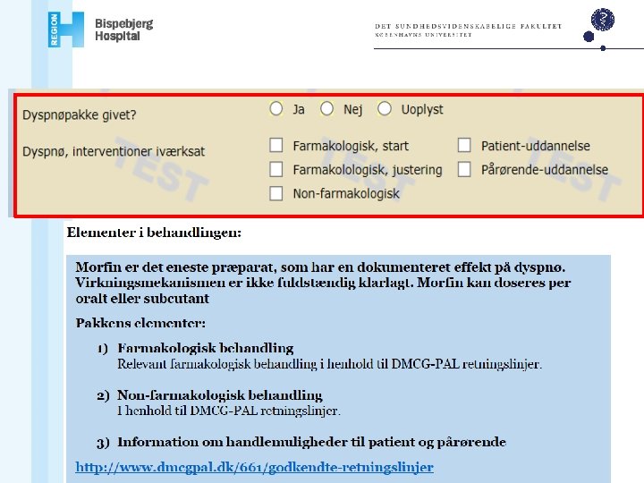 For hvert element, fx dyspnø: 1. Pakke? ‘Implementeres retningslinjer? ’ 2. Hvad udløses af