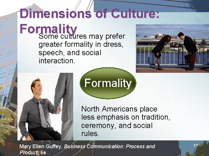 Dimensions of Culture: Formality Some cultures may prefer greater formality in dress, speech, and