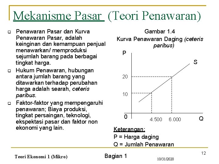 Mekanisme Pasar (Teori Penawaran) q q q Penawaran Pasar dan Kurva Penawaran Pasar, adalah