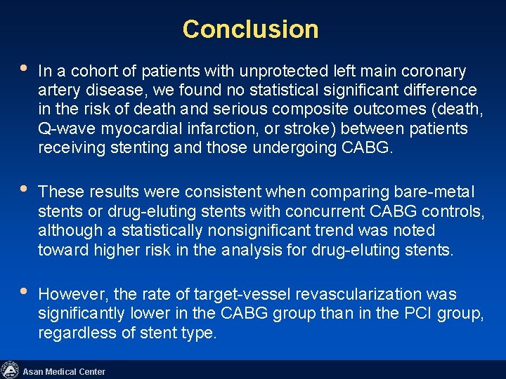Conclusion • In a cohort of patients with unprotected left main coronary artery disease,