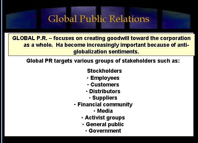 Global Public Relations GLOBAL P. R. – focuses on creating goodwill toward the corporation