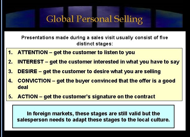 Global Personal Selling Presentations made during a sales visit usually consist of five distinct