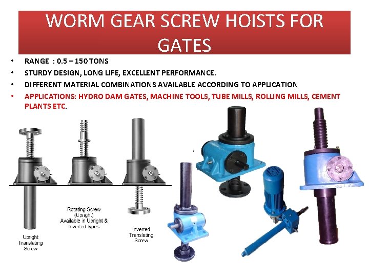  • • WORM GEAR SCREW HOISTS FOR GATES RANGE : 0. 5 –
