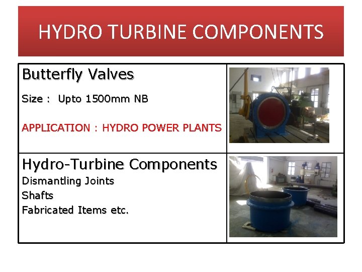 HYDRO TURBINE COMPONENTS Butterfly Valves Size : Upto 1500 mm NB APPLICATION : HYDRO