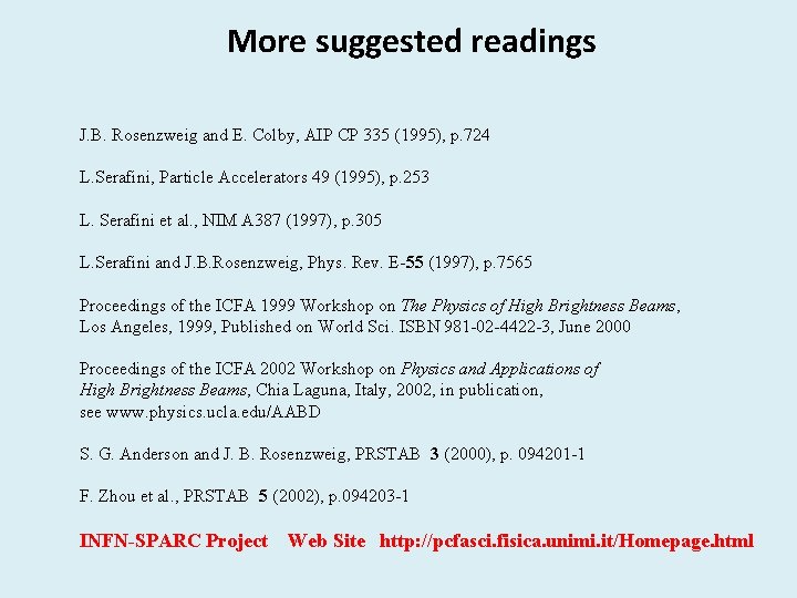More suggested readings J. B. Rosenzweig and E. Colby, AIP CP 335 (1995), p.