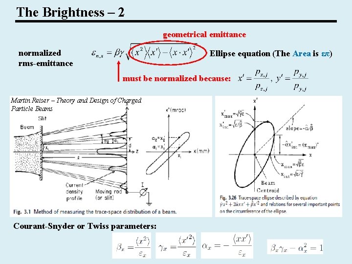 The Brightness – 2 geometrical emittance normalized rms-emittance Ellipse equation (The Area is επ)