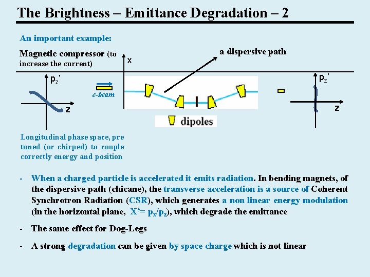 The Brightness – Emittance Degradation – 2 An important example: Magnetic compressor (to increase