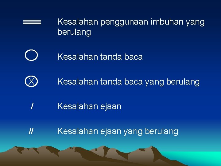 Kesalahan penggunaan imbuhan yang berulang Kesalahan tanda baca X Kesalahan tanda baca yang berulang