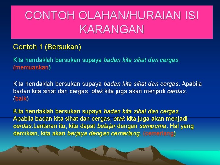 CONTOH OLAHAN/HURAIAN ISI KARANGAN Contoh 1 (Bersukan) Kita hendaklah bersukan supaya badan kita sihat