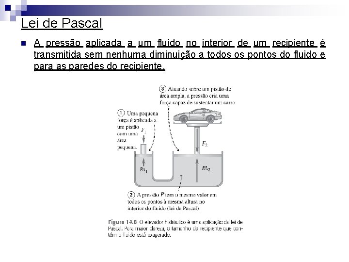 Lei de Pascal n A pressão aplicada a um fluido no interior de um