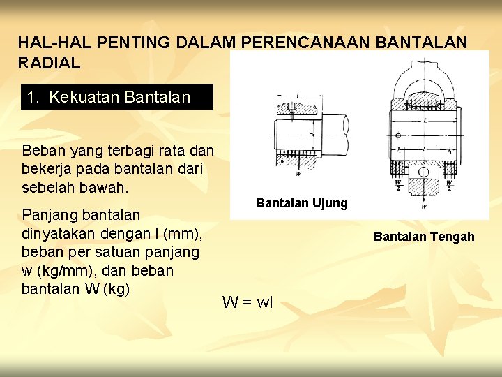 HAL-HAL PENTING DALAM PERENCANAAN BANTALAN RADIAL 1. Kekuatan Bantalan Beban yang terbagi rata dan