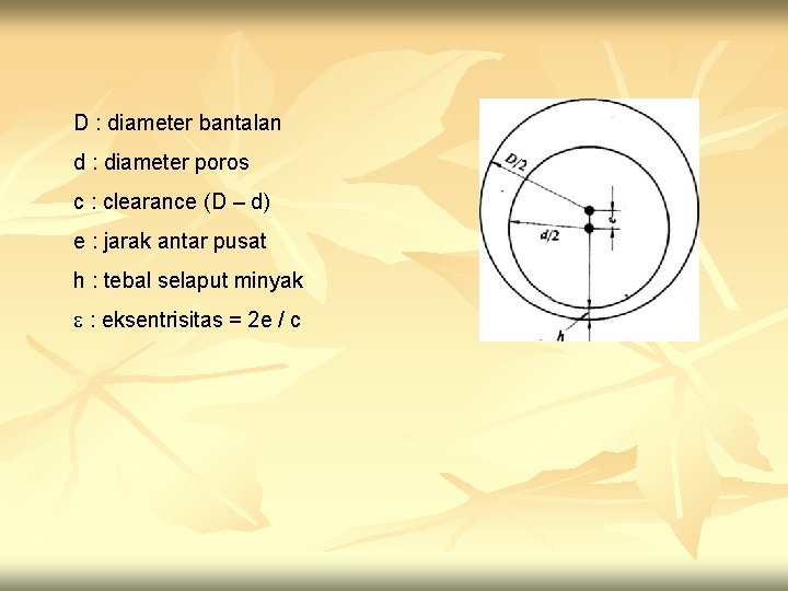 D : diameter bantalan d : diameter poros c : clearance (D – d)