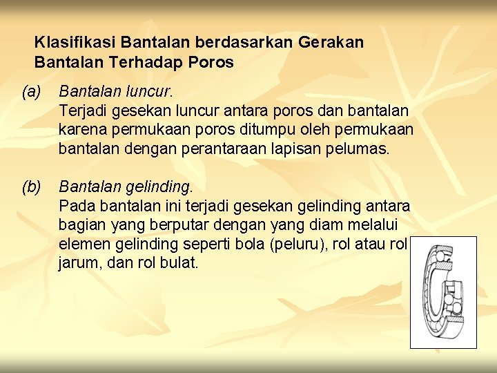 Klasifikasi Bantalan berdasarkan Gerakan Bantalan Terhadap Poros (a) Bantalan luncur. Terjadi gesekan luncur antara