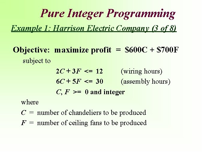 Pure Integer Programming Example 1: Harrison Electric Company (3 of 8) Objective: maximize profit