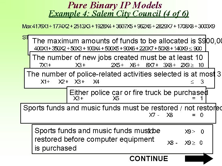 Pure Binary IP Models Example 4: Salem City Council (4 of 6) The maximum