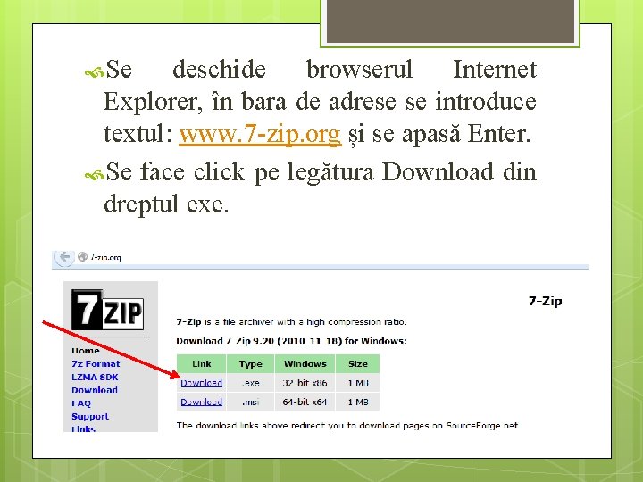  Se deschide browserul Internet Explorer, în bara de adrese se introduce textul: www.