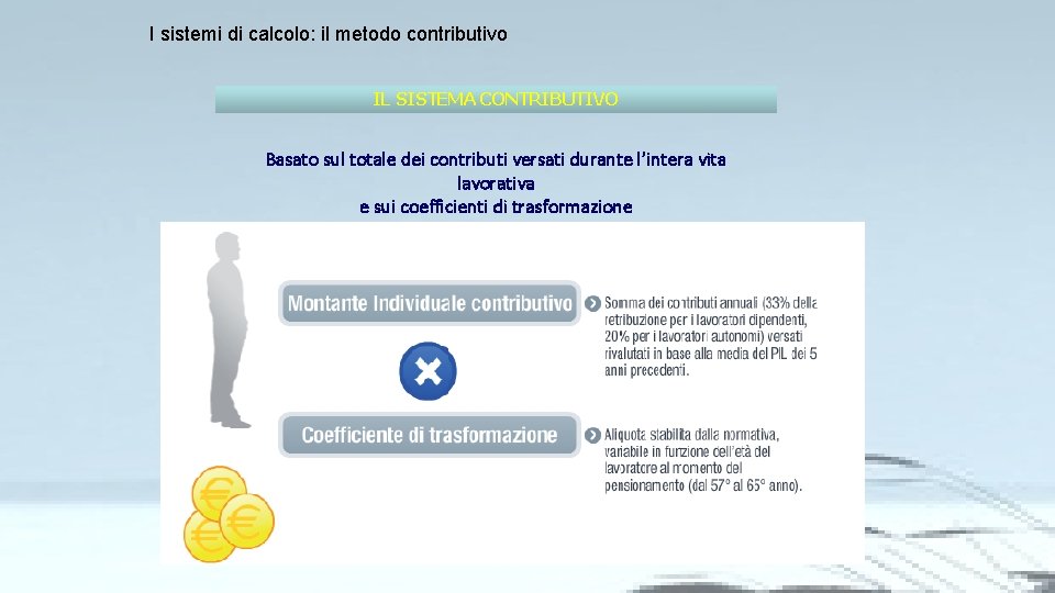 I sistemi di calcolo: il metodo contributivo IL SISTEMA CONTRIBUTIVO Basato sul totale dei